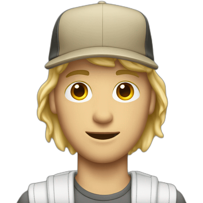 blonde guy wearing a cap with a mac book pro emoji