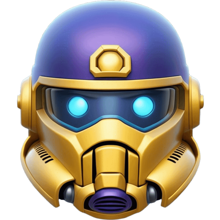 Clash of Clans aesthetic: Cinematic Playful Space Marine Helmet Emoji, rendered in a 3D vector-style similar to standard emojis with minimal shading and bold, simplified shapes. A compact, heroic isometric helmet with futuristic, armored detailing and a glowing visor, softly glowing with a battle-ready cosmic charm. Simplified yet unmistakably iconic, highly detailed and consistent, glowing with a soft radiant shine and high gloss. Stylized with a touch of interstellar valor and a soft glowing outline, capturing the essence of an elite warrior’s helm with a friendly, playful spirit! emoji