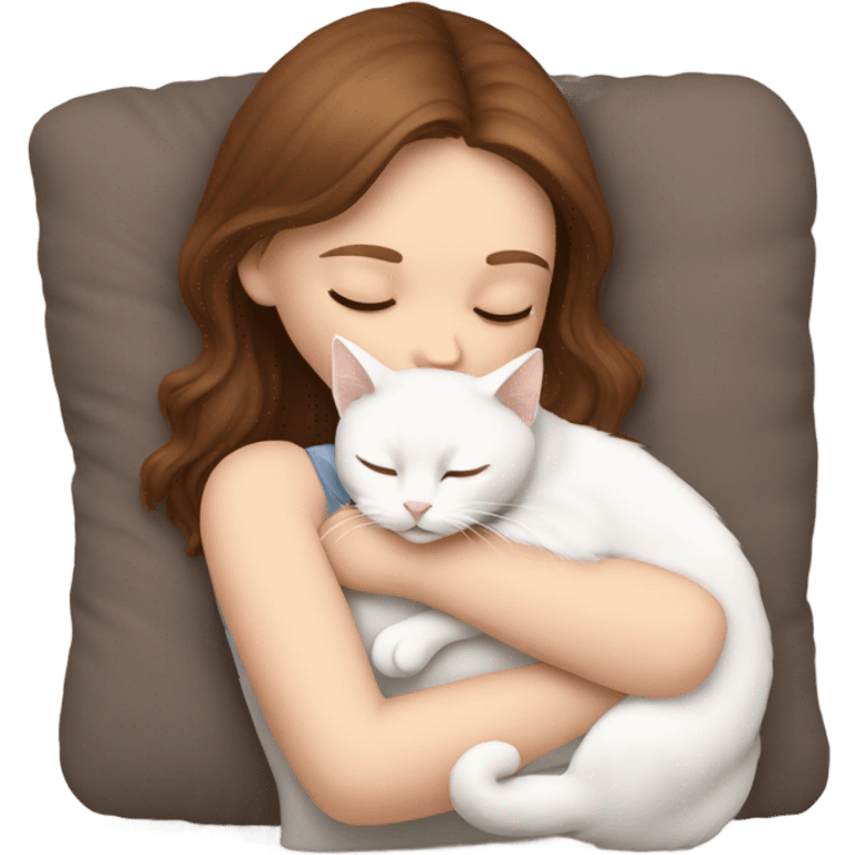 White girl brown hair sleeping with white kitty emoji