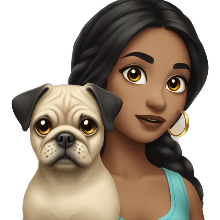 A young girl with long lashes  morena clara with long  black hair and small gold hoops  holding her pug and emoji