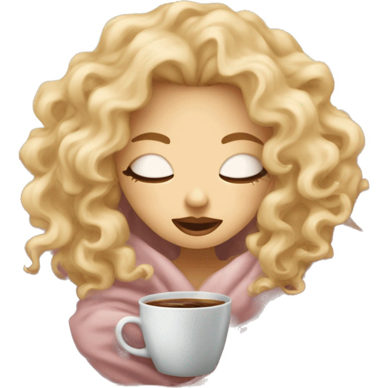 Blonde  hair curly girl inside a blanket sipping coffee eyes closed emoji