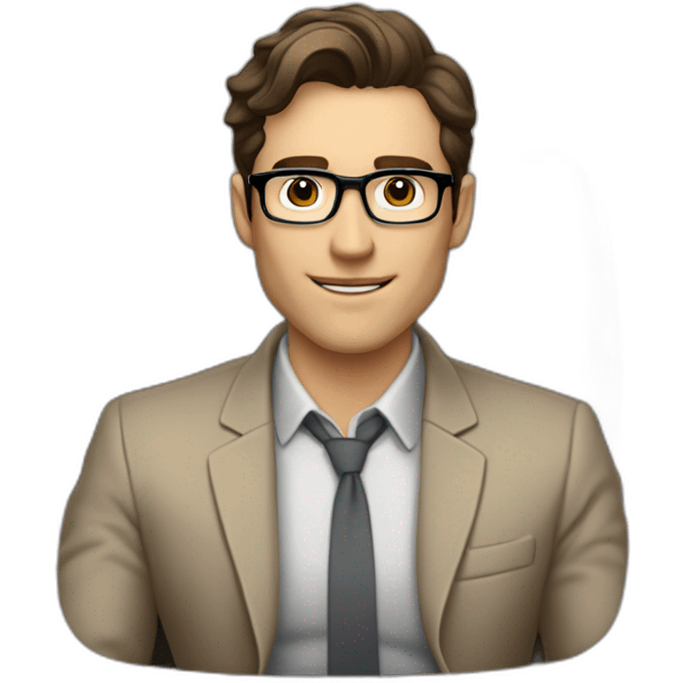 Pale skinned Fit Man With dark brown hair in gray jacket, beige office shirt, Brown pants and vintage glasses sitting In a soft chair with a notebook on spring with emblem Ψ and a pen emoji