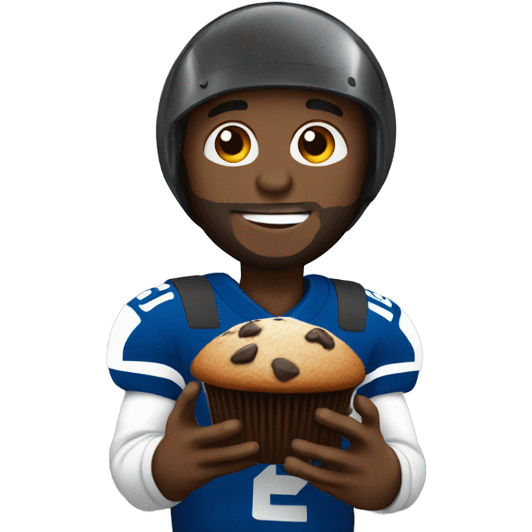 Black man with beard with Colts football helmet eating a chocolate chip muffin emoji