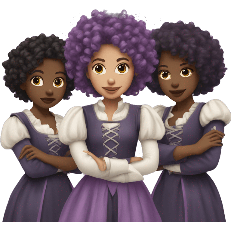 Three musketeers dark black women lilac curly hair emoji