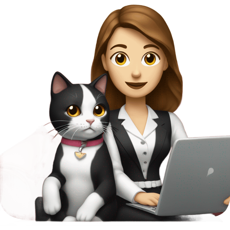  woman with brown hair sitting on the couch laptop on her lap next to small black and white tuxedo cat emoji