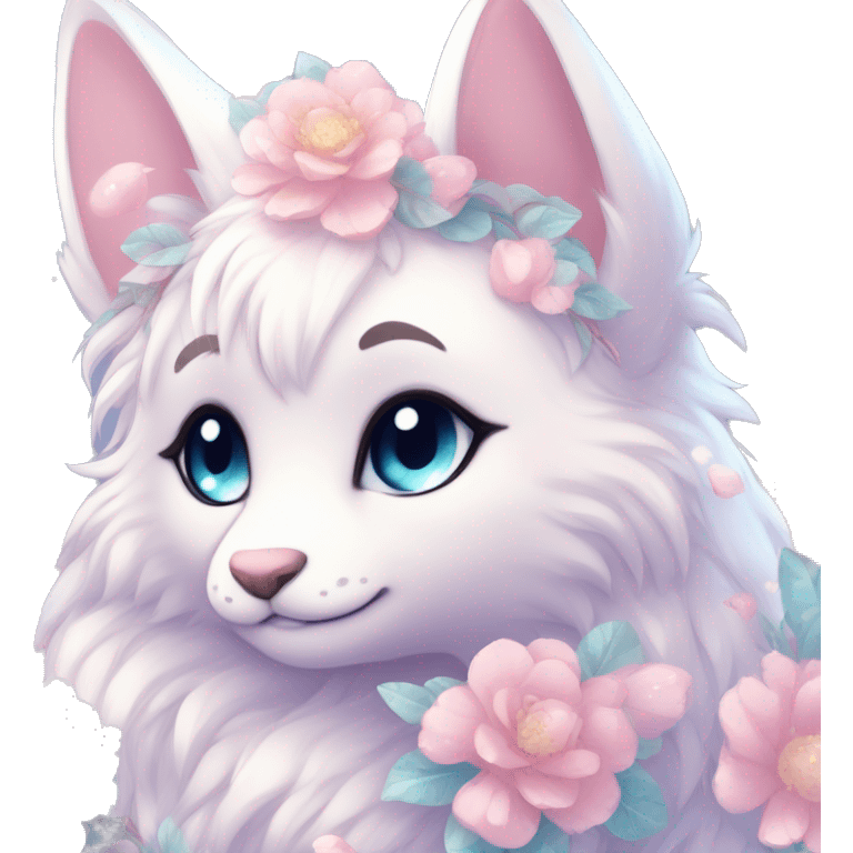 Anthro Cute Cool Blushing Pastel Innocent Shy Kawaii gorgeous sparkly ethereal fantasy anime animal creature with blue eyes furry sona with flowers and ribbons beautiful aesthetic emoji