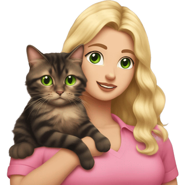 woman with green eyes and long wavy blonde hair and big boobs in a pink shirt is holding a very fluffy and fat black and tortoiseshell cat emoji