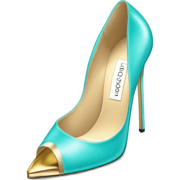 Hyper Realistic isolated top view of a pair of tiffany blue ,cream,and gold Jimmy Choo Stiletto High Heel fashion shoes. emoji