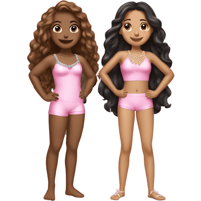 two teenage Latina best friends wearing pink. Long hair. Pink bows. Pearls. Light pink. Diamonds outfits. Two piece swimsuit emoji