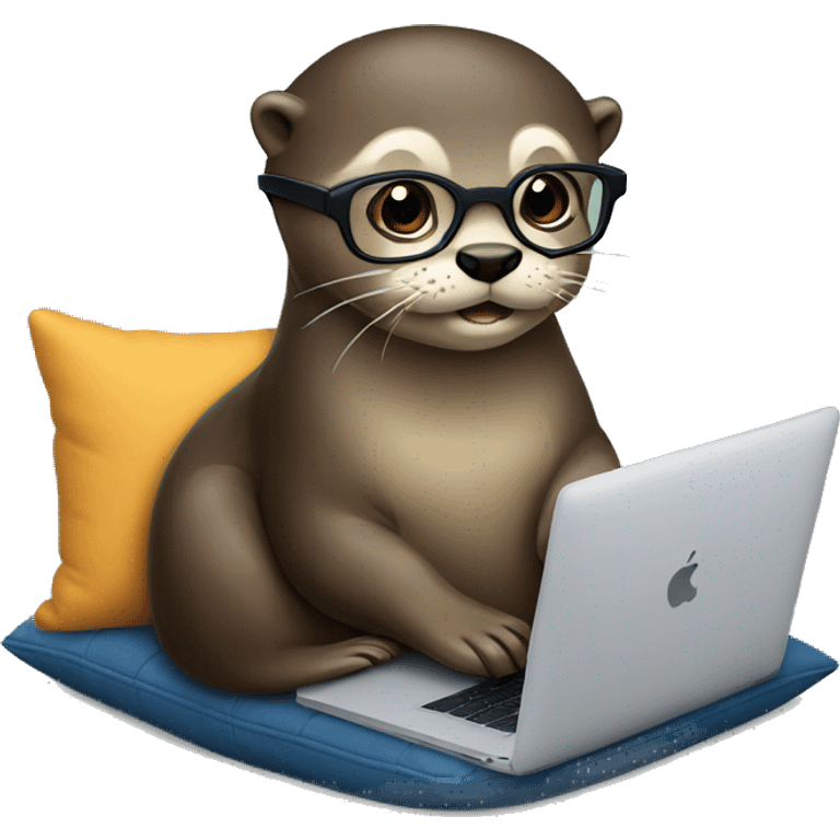 female otter with glasses use a macbook while seated against a pillow emoji