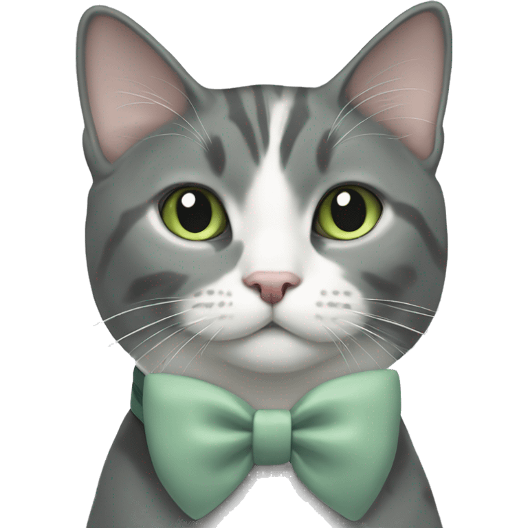 Grey and white tuxedo cat with sage green bow at neck emoji