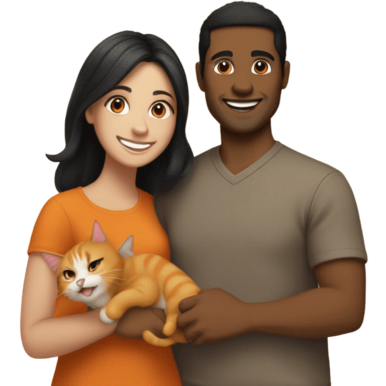 a happy light-brown woman with black hair and a happy brown man with brown hair are friends and holding an orange cat emoji