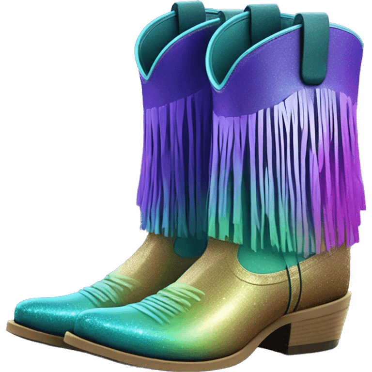 Realistic blue purple green ombre pair of fashion cowgirl boots with sparkly shiny glitter fringe on them. emoji