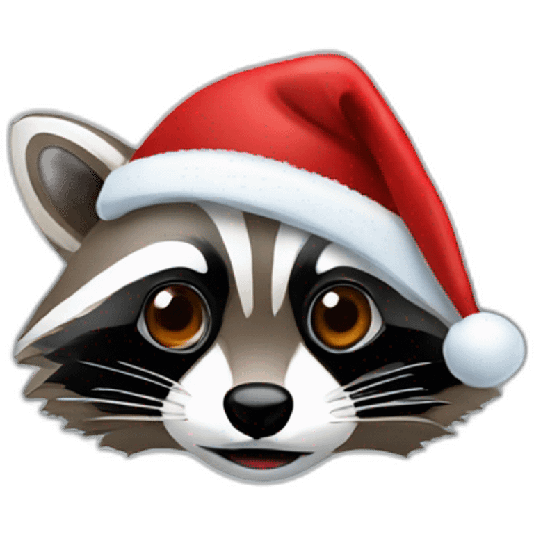 Raccoon face behind a laptop with christmas hat emoji