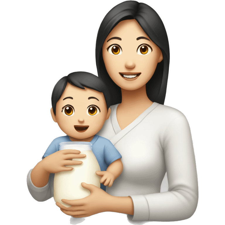 An Asian woman gives her baby milk emoji