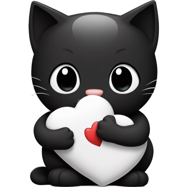 the black cat smiles sweetly and holds a white heart near its belly and hugs it emoji