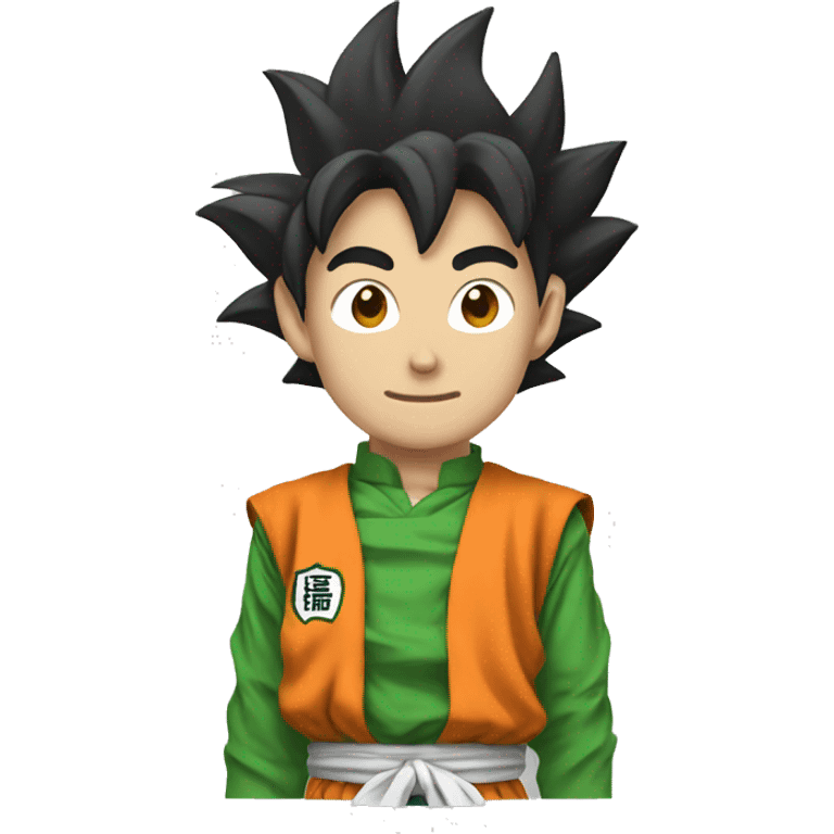 goku wearing a shirt with white and green vertical stripes and a triangular badge emoji