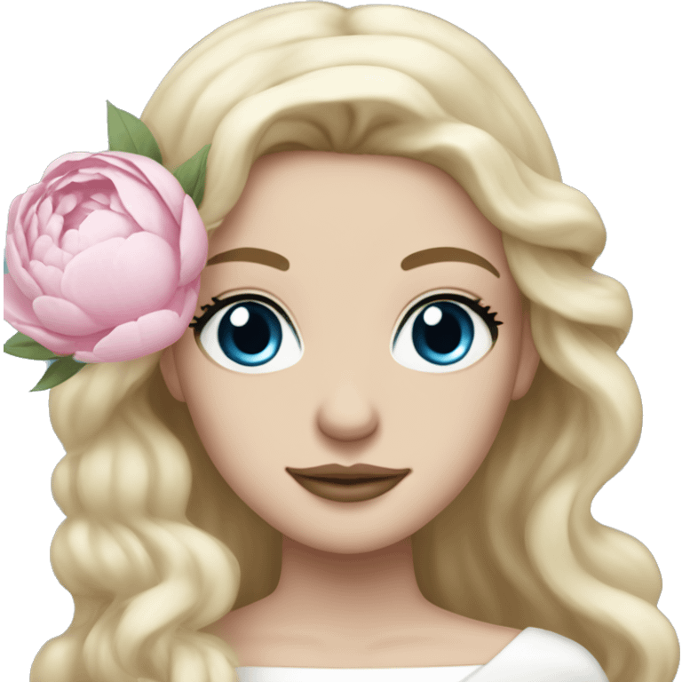 White bride with long light blonde hair and blue eyes with light pink peonies in hair white skin  emoji