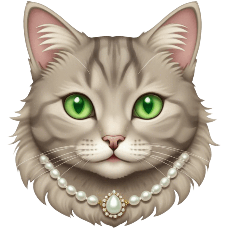 fluffy grey tabby cat with green eyes, white tummy, and a pearl necklace  emoji