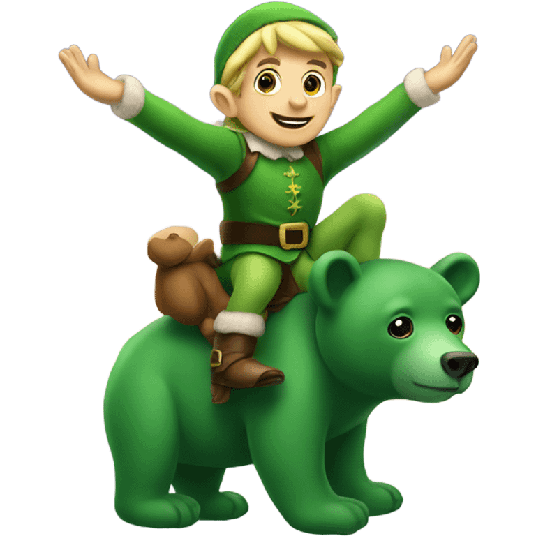 Elf with big hands riding a green bear in the sky  emoji