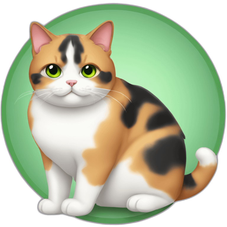 obese calico cat with double chin with green eyes emoji