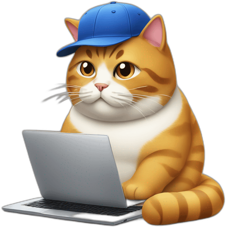 Fat cat wearing a baseball hat behind a laptop emoji