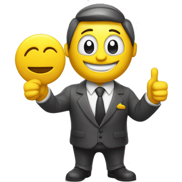  A ISOMETRIC VECTOR 3D cartoon character with a yellow body is holding a house-shaped sign that reads 'FUCCI' . The character is wearing a  suit, white shirt, and tie,  The character has an smiling emoji face and is giving a thumbs-up with their right arm emoji