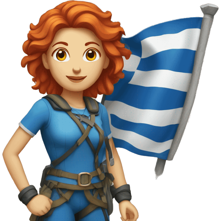 a red hair female mountaineer summitting with greek flag emoji