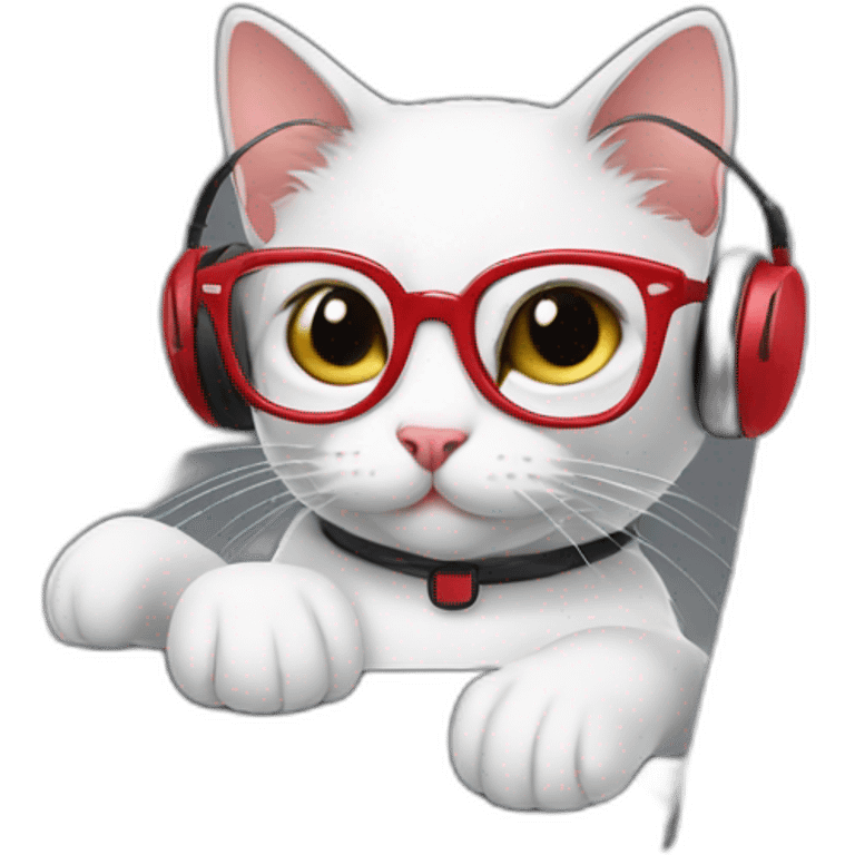 a kitty in red glasses working on a computer wearing headphones emoji