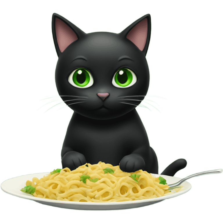 black Cat green eyes eating pasta emoji