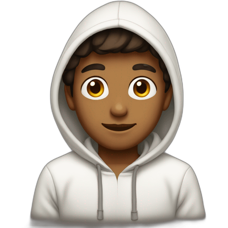 A beautiful, brown boy He wears a white hoodie with a hat emoji