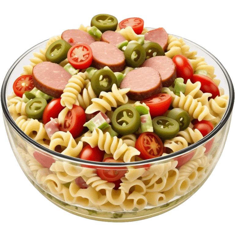 Fusilli pasta salad with chopped pork sausage, chopped gherkins, chopped cocktail tomatoes and mayonnaise emoji