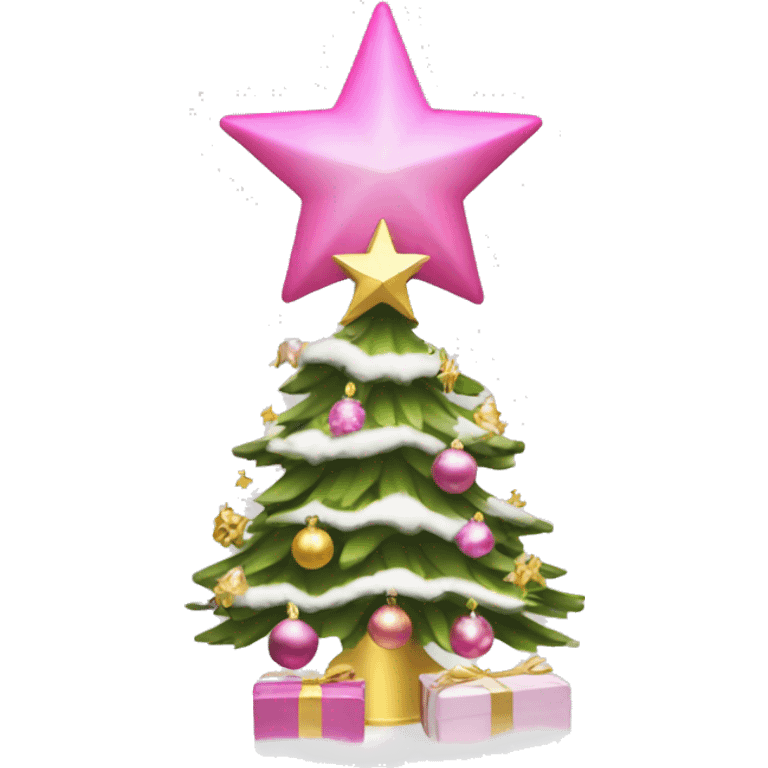 Christmas tree with pink ornaments snow and an angel tree topper in gold emoji