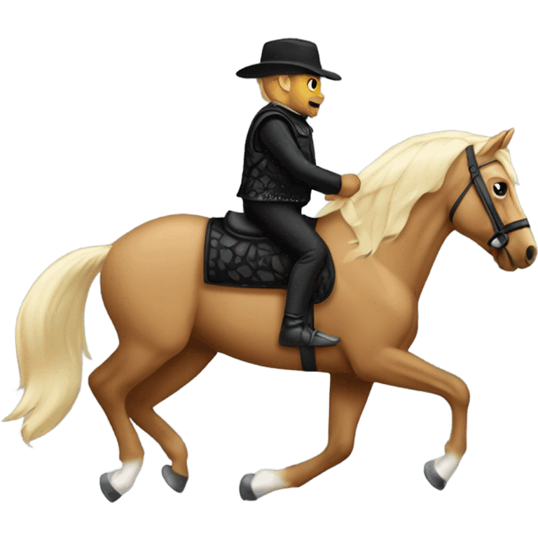  A Palomino horse running with a black sequin rug on his back and a brown rider on his back without a helmet dressed in black pants and a vest  emoji