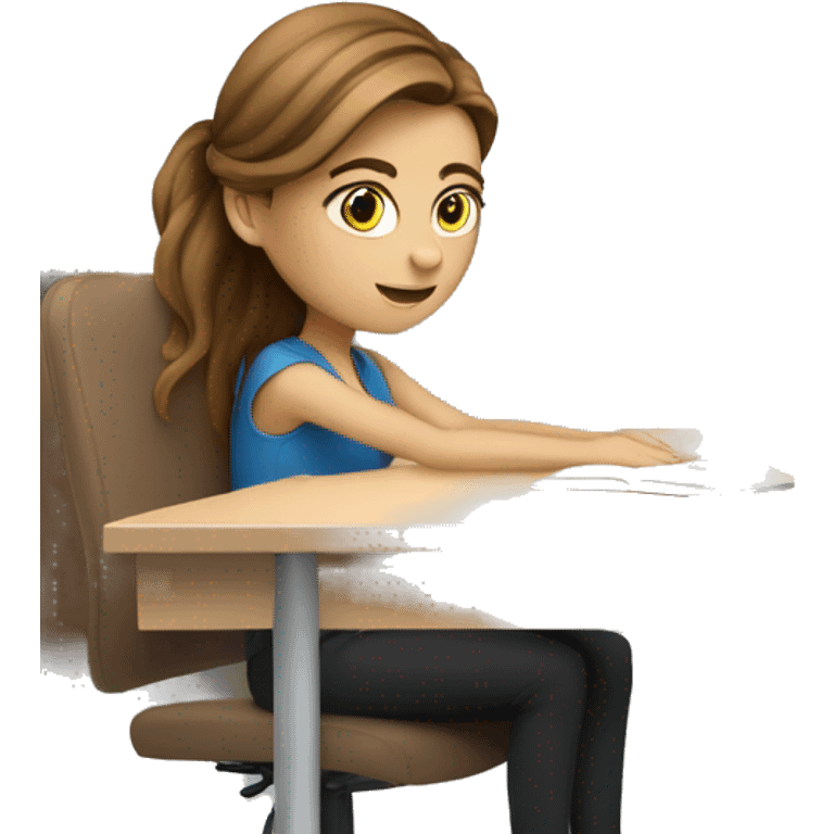 white girl studying at a white desk, brown hair, blue eyes, computer emoji