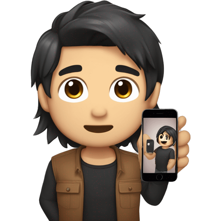 masterpiece,anime style,chibi,illustrated logo,medium short shot,twitch emote of a guy taking a picture with an iphone in front of a mirror,black hair,all brown skin,black shirt,hair half backcombed, un poco
mas moreno, y con peinado hacia atras emoji