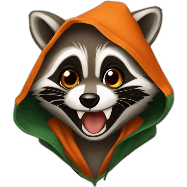 brown raccoon with orange eyes and a dark green hood that is laughing emoji