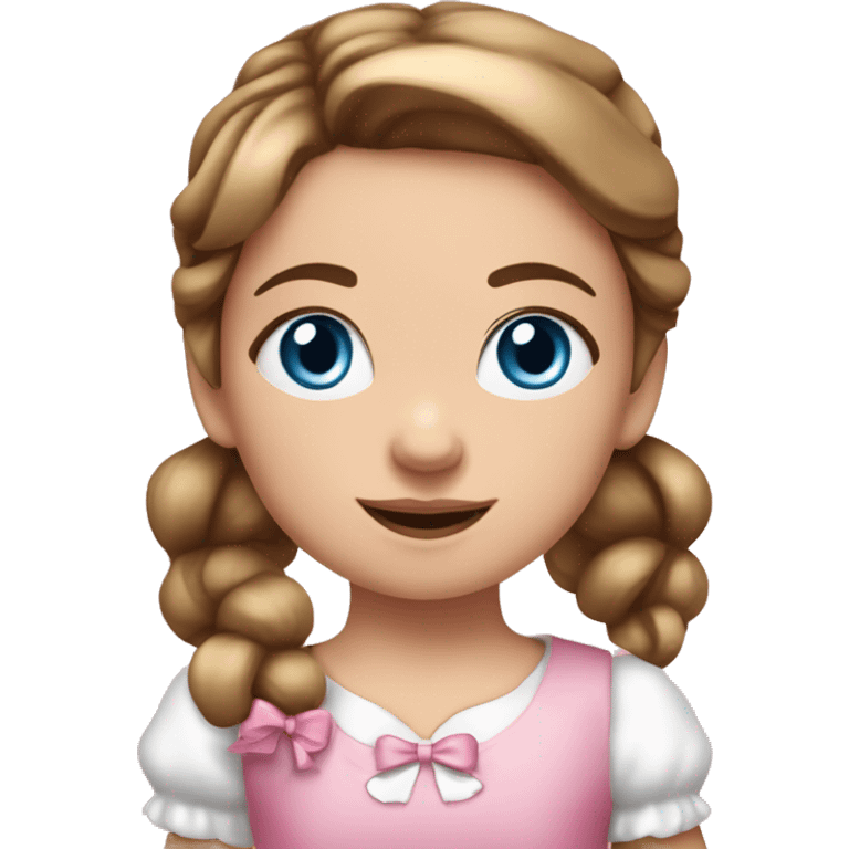 Little white girl with blue eyes and bronze hair in two ponytails with two bows. A pink pacificer in her mouth. She is wearing a pink and White dress and holding a teddybear. emoji