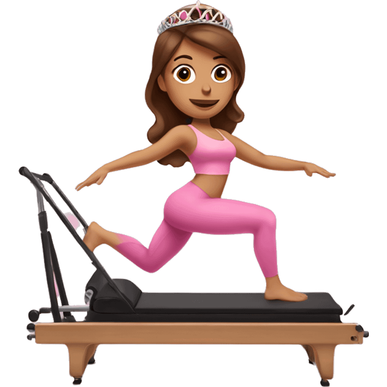 Latina girl with brown hair doing Pilates on reformer with pink tiara emoji