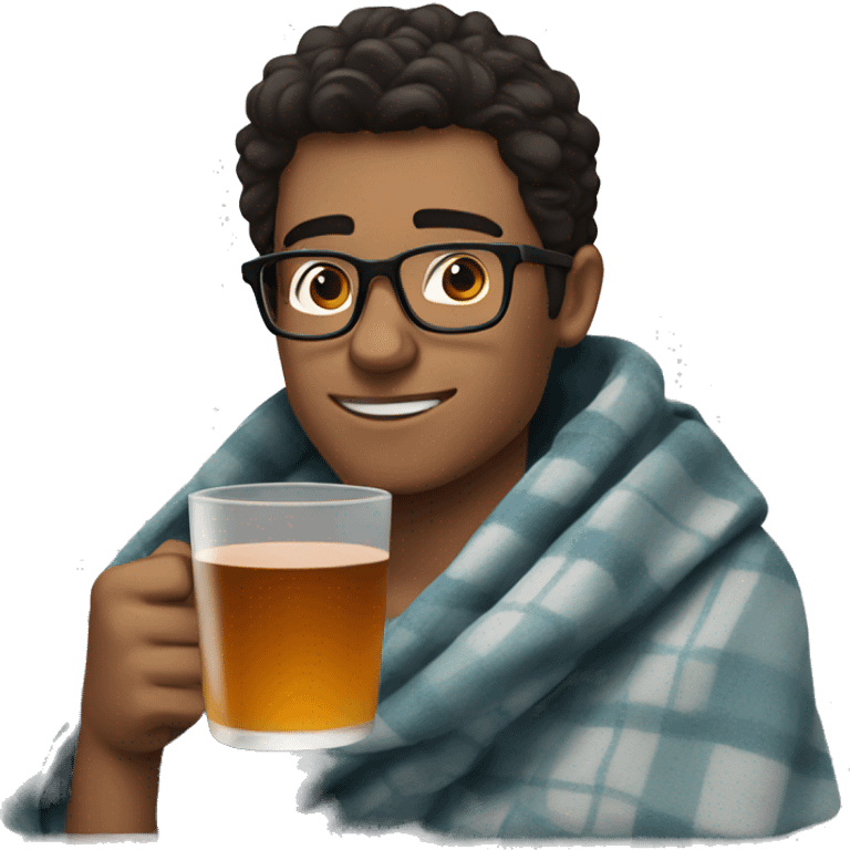 a guy in glasses and dark hair drinking tea in a blanket emoji