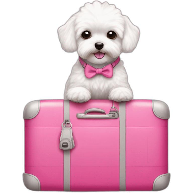 a white maltipoo with a pink luggage next to him emoji