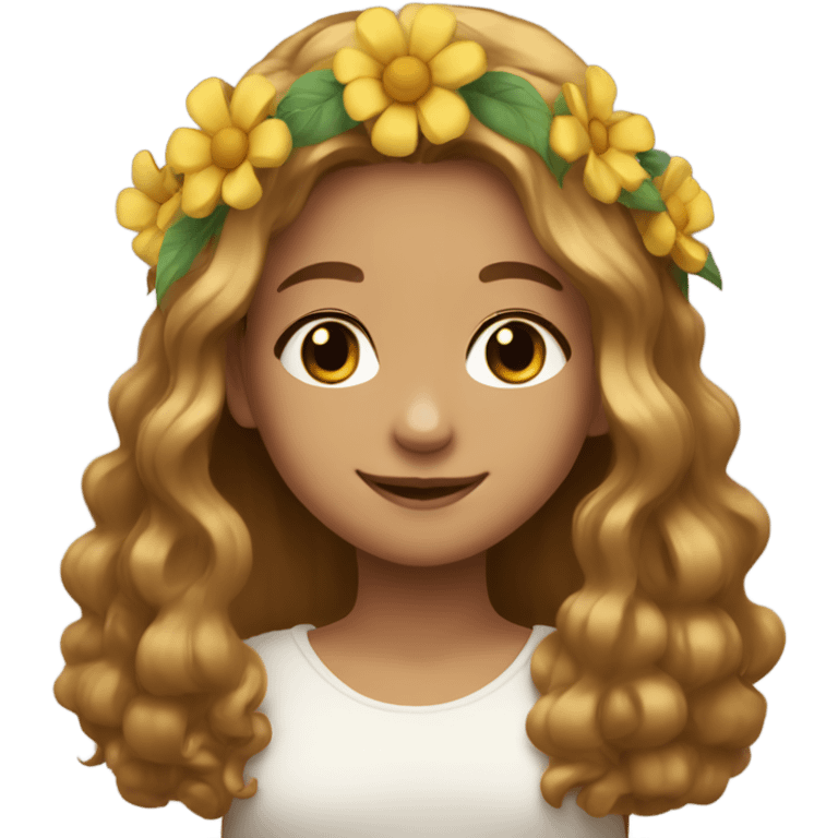 smiling girl with flower crown，Her hair is golden brown, long hair emoji