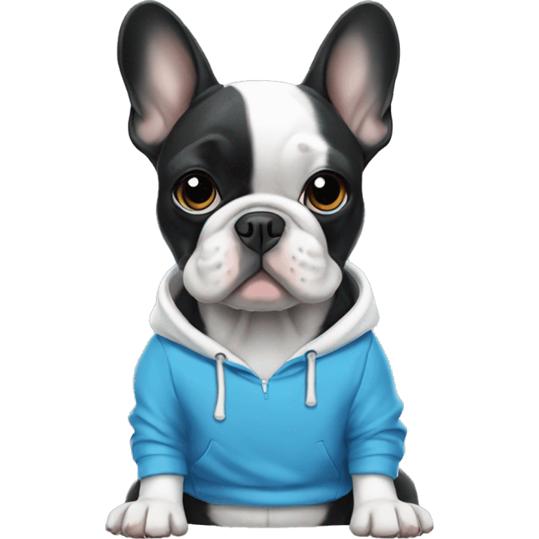 White and black French bulldog wearing blue hoodie emoji