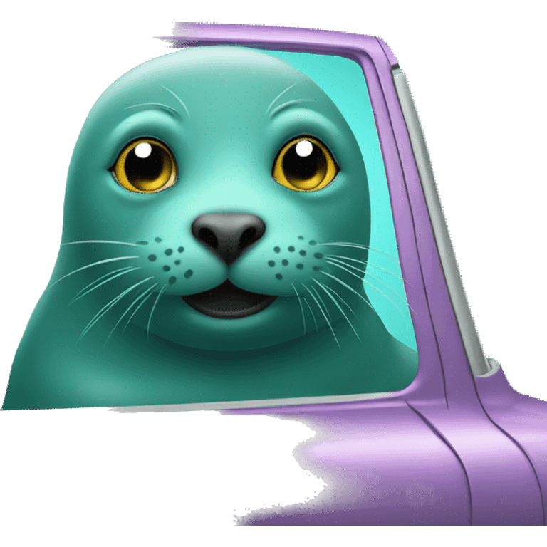 teal-coloured seal sitting inside teal-coloured car emoji