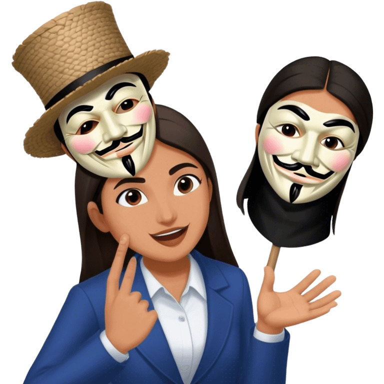 AOC taking off off a guy fawkes mask emoji