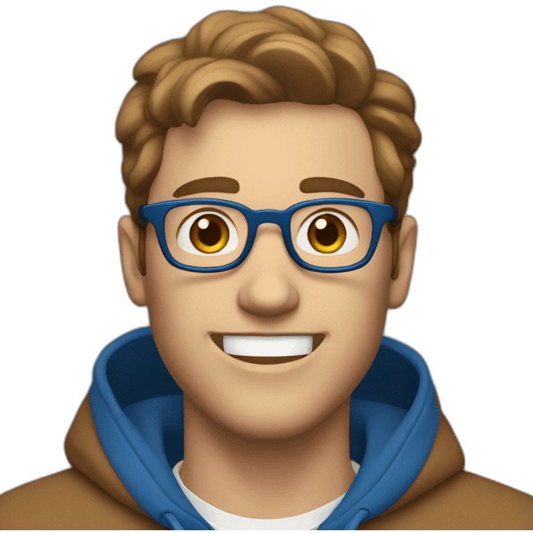 white man with brown hair and hazel eyes and glasses wearing blue hoodie feeling excited emoji