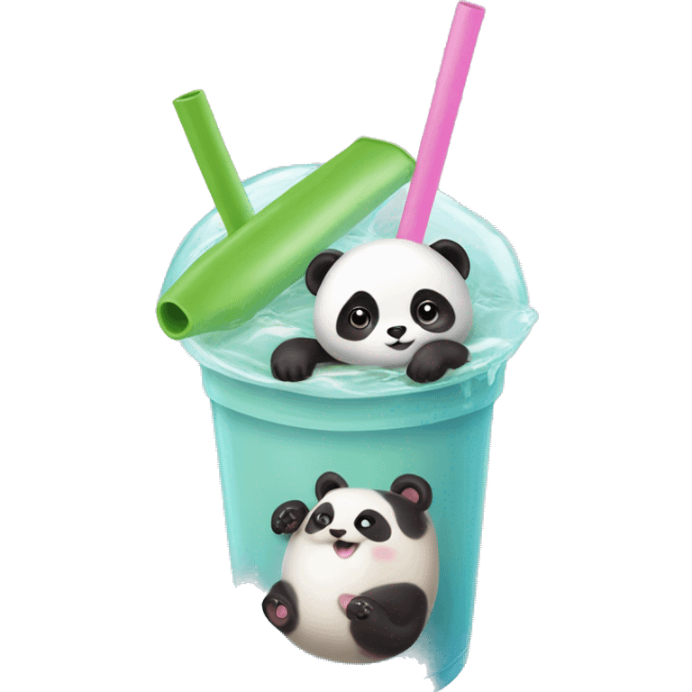 Bubble tea with a tiny miniature panda lounging on a itty bitty swim tube emoji