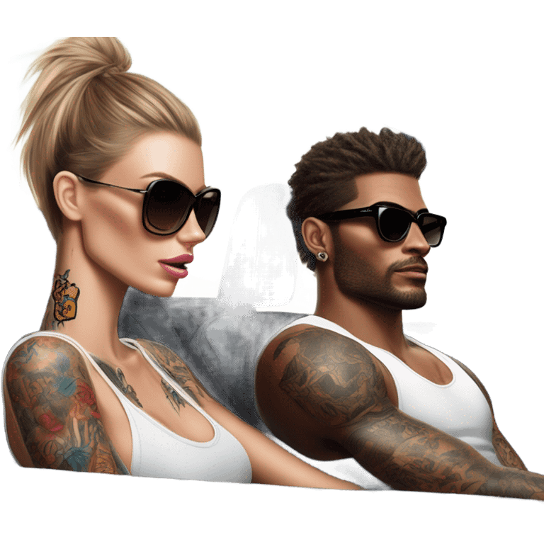 Photo of Victoria secret model driving in a sports car with a tattooed male model  emoji