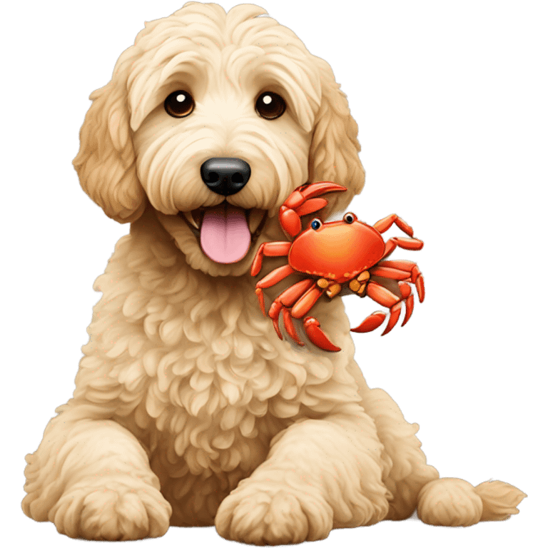 Goldendoodle with crab toy in mouth emoji