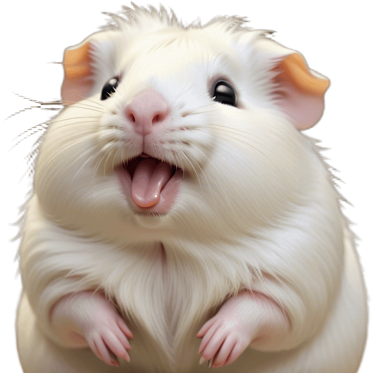 Cinematic Cute Yawning White Guinea Pig Portrait Emoji, Head tilted slightly with a dramatic, wide-open yawn, revealing a soft, downy white fur with tiny drooping ears, round dark eyes barely open in drowsy contentment, Simplified yet irresistibly adorable features, highly detailed, glowing with a soft, cozy glow, high shine, relaxed yet expressive, stylized with a touch of whimsy, bright and endearing, soft glowing outline, capturing the essence of a sleepy yet affectionate guinea pig, so drowsy it feels like it could stretch right out of the screen and curl up for a nap! emoji